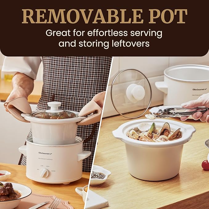 Elite Gourmet MST-250XW Electric Slow Cooker Ceramic Pot Adjustable Temp, Entrees, Sauces, Stews & Dips, Dishwasher Safe Glass Lid & Crock