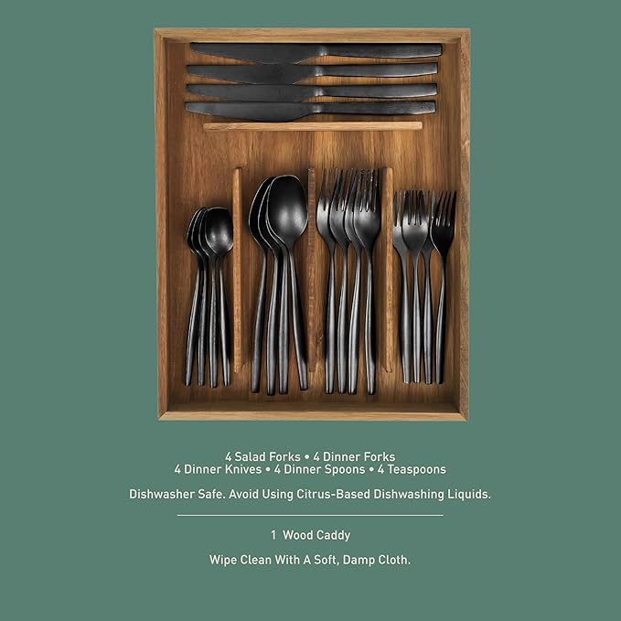 Bloomhouse - Two Time Oprah's Favorite Things Winner - 20 Piece Stone Washed Black Flatware 18/10 Stainless Steel Silverware Cutlery Utensil Set With Acacia Wood Caddy - Service for 4