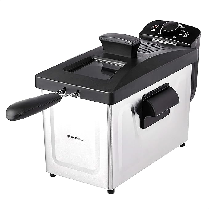 Amazon Basics 3.2-Qt (3.0L) Electric Deep Fryer with Adjustable Temperature Control, Easy Draining Basket, Viewing Window, Fast-Heating 1500W, Stainless Steel Exterior, Black & Silver