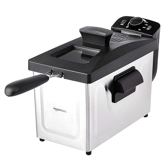 Amazon Basics 3.2-Qt (3.0L) Electric Deep Fryer with Adjustable Temperature Control, Easy Draining Basket, Viewing Window, Fast-Heating 1500W, Stainless Steel Exterior, Black & Silver