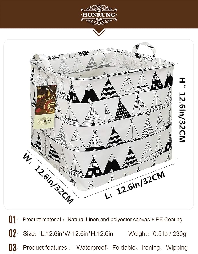 HUNRUNG Square Storage Bins Nursery Hamper Canvas Laundry Basket Foldable with Waterproof Nursery Boxes for Shelves/Gift Baskets/Toy Organizer/Children Room Decor（Square-Tent）