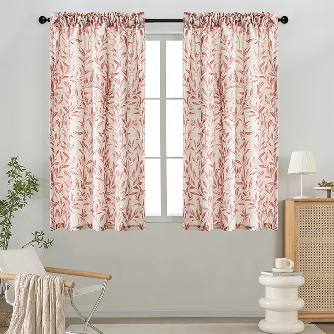 VOGOL Small Country Style Curtains, 2 Panels Leaves Pattern Window Treatment, 54 Inch Length Decorative Drapes for Kitchen Home Office Balcony, Rod Pocket, 42 x 54