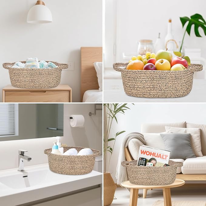 ABenkle Small Basket with Handles - Decorative Durable Rope Woven Storage Bin Shelf Storage Organizer Cube, Easter Baby Gift Basket, 12"x8"x5"