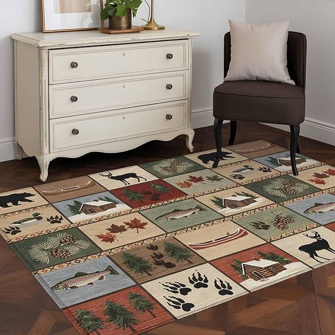 Area Rug 4x6ft, Vintage Bear Forest Deer Fish Village Washable Rugs for Living Room Bedroom, Retro Wildlife Themes Soft Non-Slip Area Rugs Rectangle Floor Carpet for Dining Room