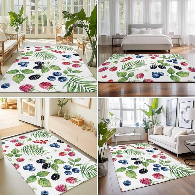 Area Rug 9x12ft, Farm Fruit Berry Cherry Blueberry Washable Rugs for Living Room Bedroom Rectangle Floor Carpet, Watercolor Mulberry Leaves Soft Non-Slip Area Rugs for Dining Room