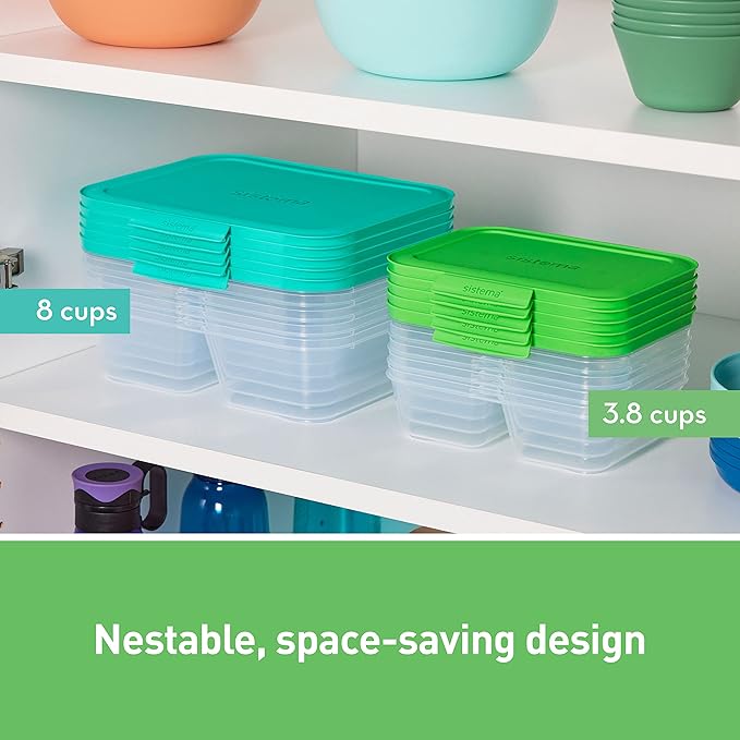 Sistema Nest It Meal Prep Food Storage Containers with Lids, 10-Pack of 3.7-Cup Containers with 2 Divided Compartments, Airtight & Leak-Resistant, Dishwasher, Microwave, & Freezer-Safe, BPA-Free