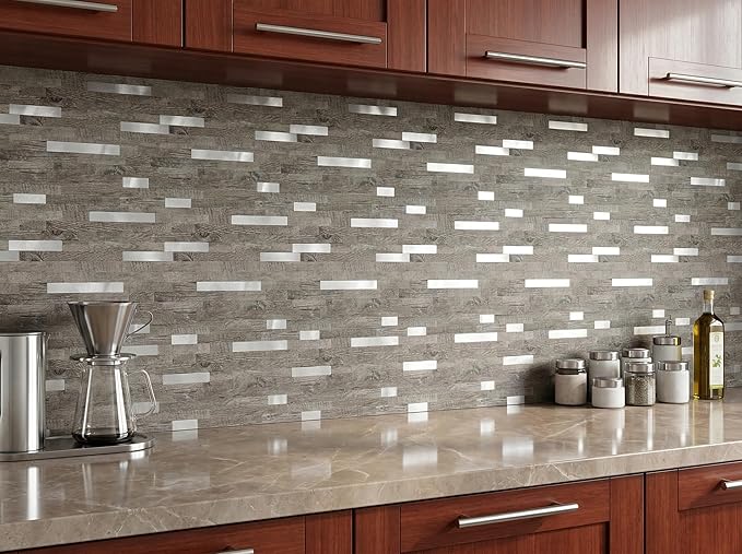 Yipscazo 10 Sheets Peel and Stick Stone Metal Tile Backsplash, Stick on Tiles for Backsplash Kitchen, Bathroom, Laundry Room, Camper, Fireplace (12'' X 12'', Gray Wood with Metal)