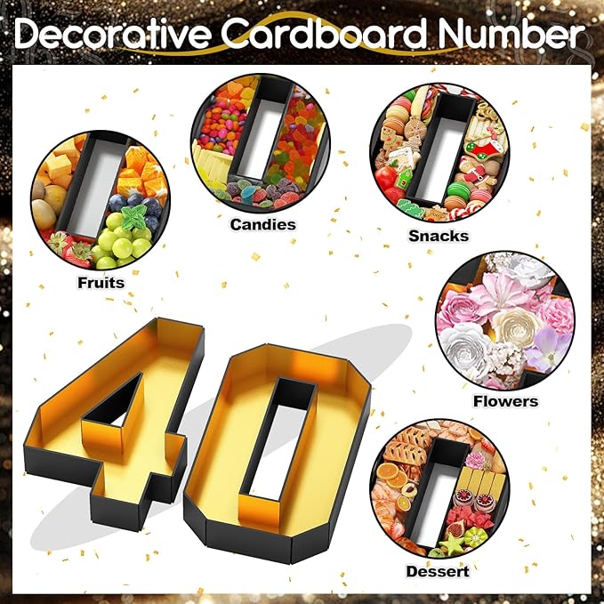 40 Cardboard Numbers for Charcuterie Numbers Fillable 13.8'' Black Gold Paper Mache Number Shaped Cupcake Pans Board Box Trays Container for Food Candy 40th Birthday Party Decorations Anniversary