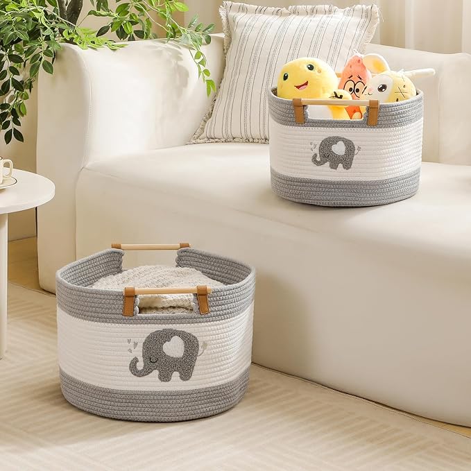 Large Blanket Basket 35L Cotton Rope Basket with Wooden Handles Woven Baskets for Kids Stuffed Animal Toys Storage for Nursery, Laundry Hamper Clothes Baby Hamper Boys Gift Basket Empty, (Elephant ）