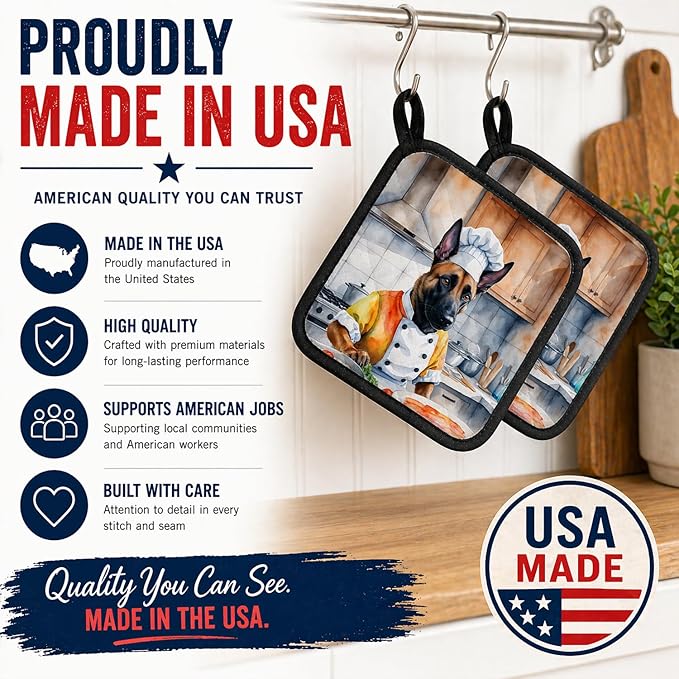 Caroline's Treasures Belgian Malinois The Chef Pair of Pot Holders Kitchen Heat Resistant Pot Holders Sets Oven Hot Pads for Cooking Baking BBQ, 7 1/2 x 7 1/2