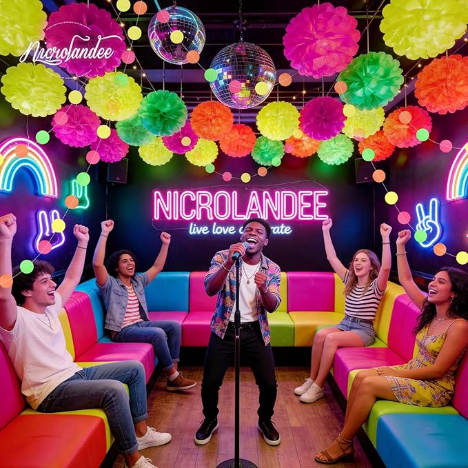 NICROLANDEE Blacklight Party Decorations - 15 PCS Fluorescent Neon Tissue Paper Pom Poms & Paper Garlands for Birthday, Wedding, Baby Shower, Glow-in-The-Dark Party, Neon Prom Dance Party Photography