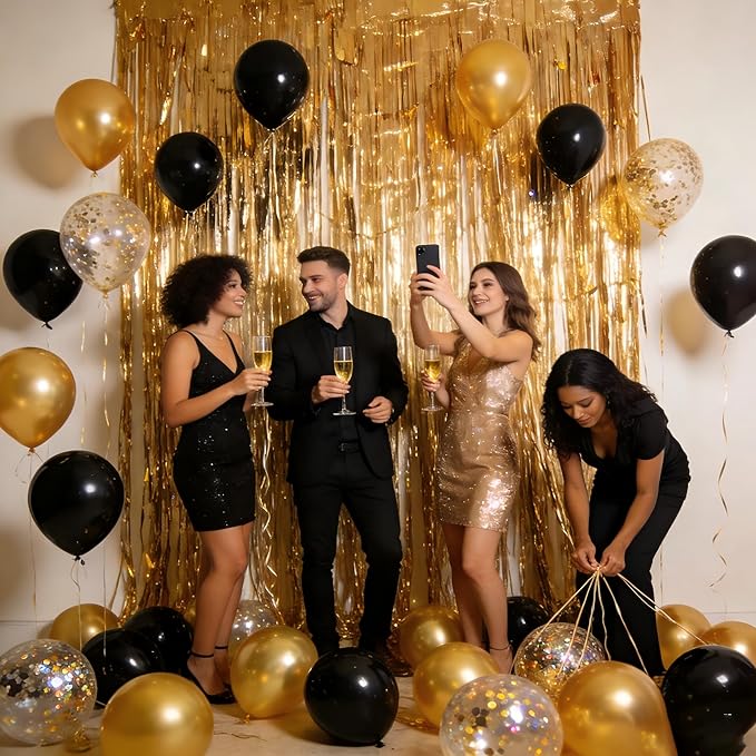 Gold Foil Fringe Curtain Party Decoration Kit, 2 Pack Metallic Backdrop with Gold & Black Balloons, Balloon Garland Accessories for Birthday, Wedding, Photo Booth, Holiday Parties