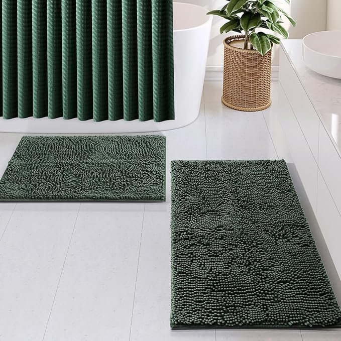 Clara Clark Hunter Green Shower Curtain Set with Rugs - Bathroom Sets with Shower Curtain and Rugs, Fabric Shower Curtains and 2 Bath Mats, Modern Bathroom Shower and Curtain Sets for Tub Or Stall