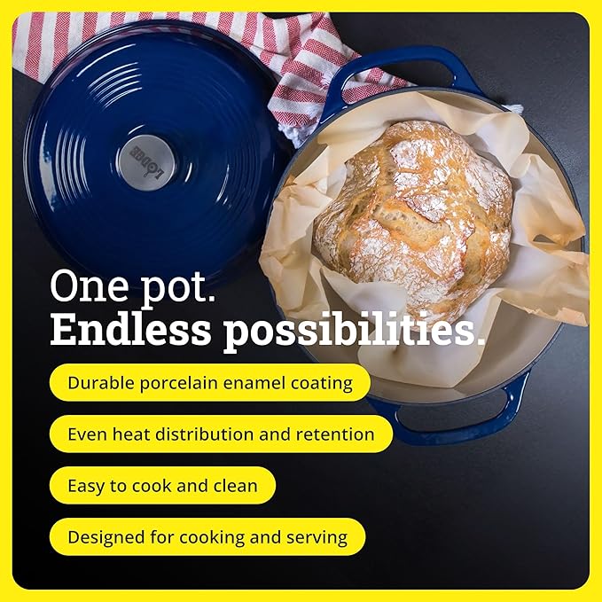 Lodge Essential Enamel Cast Iron Dutch Oven - Perfect for Bread Baking, Braising, Marinating & Slow Cooking - Features Moisture-Sealing Lid & Dual Handles - Kitchen Essentials - 6 Quarts - Indigo