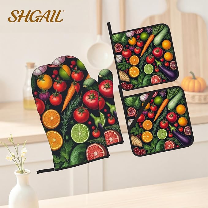 Oven Mitts and Hot Pads Set - Vegetables Design, Heat Resistant Cute Pot Holders for Kitchen, Baking Gifts for Women