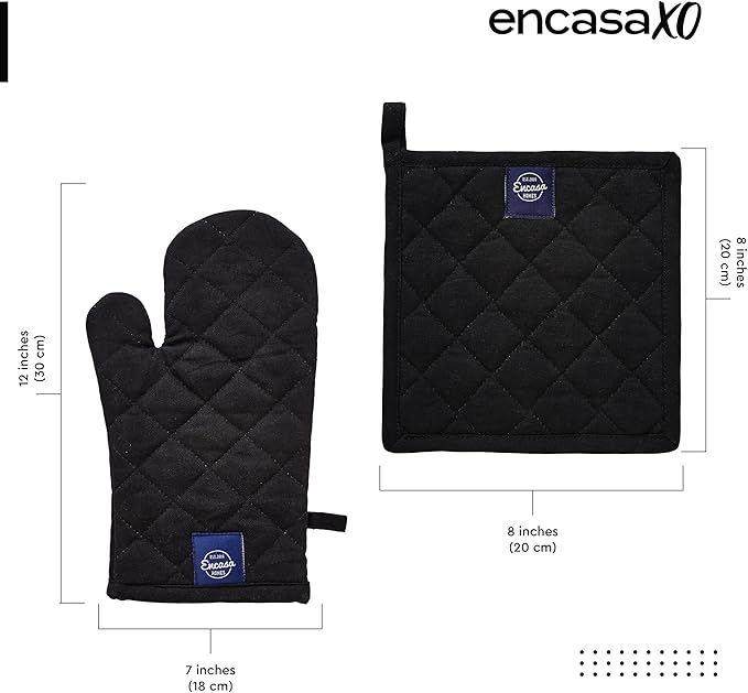 Encasa XO Heat Resistant 100% Cotton Oven Glove & Potholder Set with Loop, Kitchen Cooking Mittens, Microwave Safe Hot Pads (Full Black)