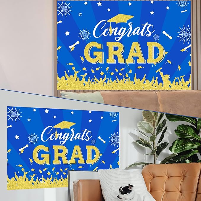 Graduation Decorations Class of 2026: Blue and Gold Graduation Balloons Arch Kit 2026 Grad Party Decorartion with Congrats Grad Backdrop Party Supplies for High School & College Celebrations