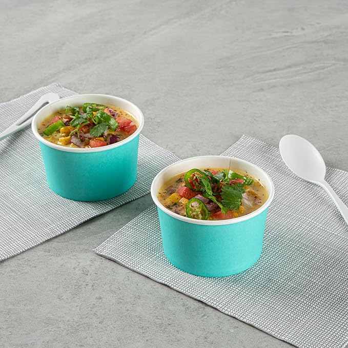 Restaurantware Coppetta 5 Ounce Dessert Cups, 50 Disposable Ice Cream Cups - Lids Sold Separately, Sturdy, Turquoise Paper FroYo Bowls, Striped, For Hot And Cold Foods, Perfect For Gelato