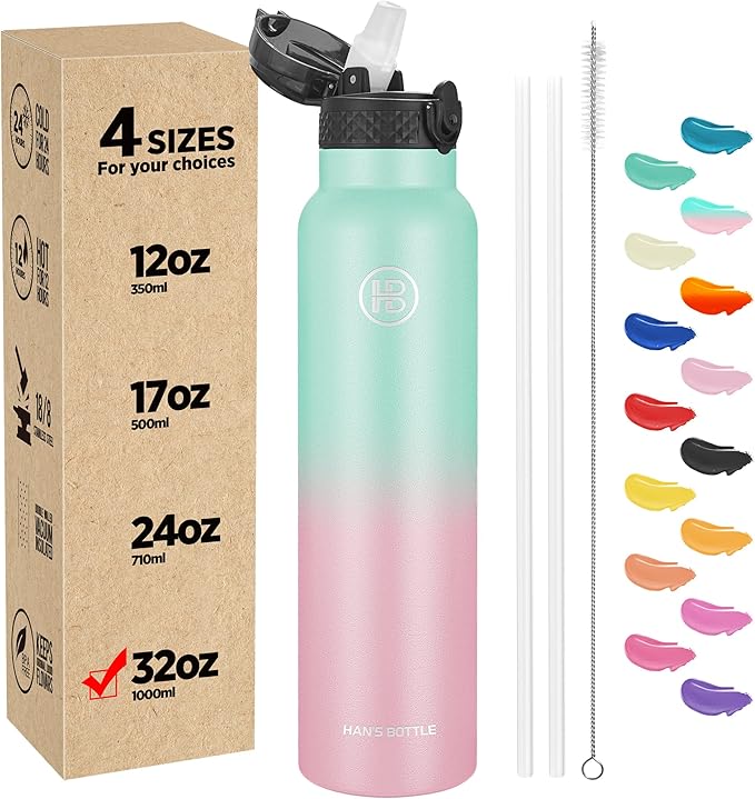 Han's Bottle Sports Water Bottle - 32 Oz, Straw Lid, Leak Proof, Vacuum Insulated Stainless Steel, Double Walled, Thermo Mug,Bubble Gum