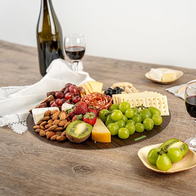 Restaurantware Cater Tek 13.8 Inch Charcuterie Boards 10 Faux Wood Cheese Boards - Round Stackable Dark Paper Cardboard Charcuterie Boards Disposable For Serving At Catered Events