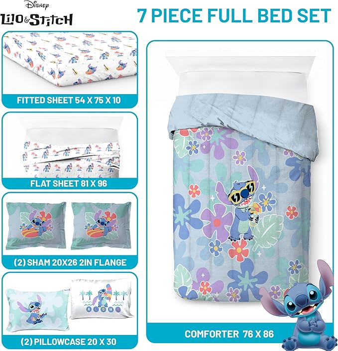 Jay Franco Disney Lilo and Stitch Full Size Comforter Set - 7 Piece Bedding Includes Sheet Set & Pillow Covers - Super Soft Tropical Bedding