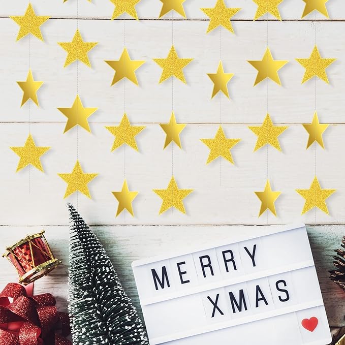 Patelai 210 Feet Glitter Star Garland Banner 2026 Party Decoration Double Side Star Hanging String Streamer Paper Twinkle for Graduation Wedding Birthday (Gold,Glitter Gold)