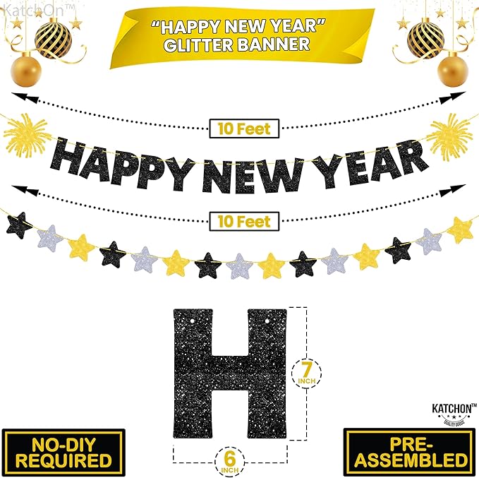 KatchOn, New Years Eve Party Supplies 2026 Set - Big, Pack of 21 | Black and Gold Happy New Year Banner, 2026 Balloon Numbers, New Year Foil Balloons | NYE Decorations 2026, New Years Decorations 2026
