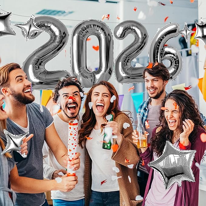 Upgraded, 42in Large 2026 Balloons Numbers, with 8pcs Star Balloon and Accessories, 3D Premium Aluminum Foil, Graduation Balloons for Graduation Decorations 2026, Grad Party Decorations, Silver