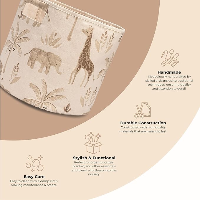 Crane Baby Fabric Round Nursery Storage Basket, Toy Storage, Safari Animal, 13"x12", Toy Basket, Baby Storage Organizer, Toy Organizers and Storage Bins, Baby Organizers and Storage, Toy Bins