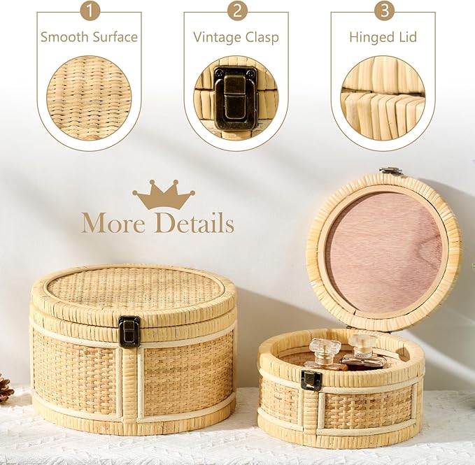 2PCS Rattan Storage Boxes with Lids Wooden Frame Decorative Natural Rattan Round Baskets Set Handmade Woven Wicker Keepsake Memory Jewelry Box Bin Boho Cane Desktop Organizer Container