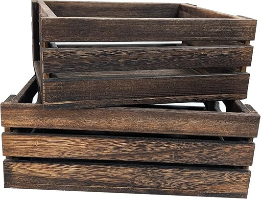 Rustic Vintage Finished 2 Packs Wooden Crate with Handles - Nesting Storage Display Organization Crate for Party Office Bedroom Kitchen and Closet