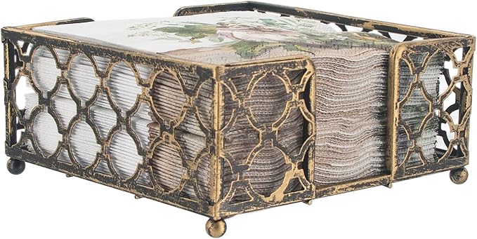 Boston International Paper Napkin Holder Caddy Dispenser for Kitchen Dining Buffet & Bar Countertops, 5.25" x 5.25" (Fits Cocktail Size), Antique Brass Trellis