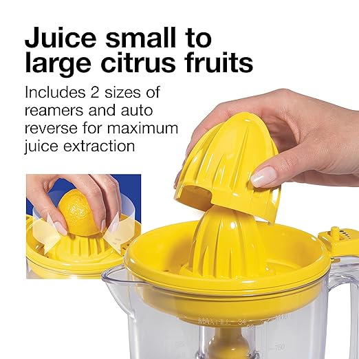 Proctor Silex Alex's Lemonade Stand Electric Citrus Juicer Machine, Large 34 oz. Pitcher, Pressure Activated, for Lemons, Limes and Oranges, 34 oz, Includes 2 Reamers & Recipe Book, Yellow (66341)