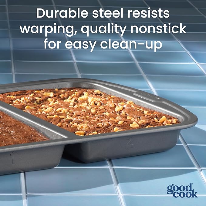 GoodCook Everyday Divided Baking Pan 1.5-Inch Deep 2-Section Non-Stick Scratch-Resistant Carbon Steel Construction for Meal Prepping & Sheet Pan Dinners, 11x15-Inch, Gray