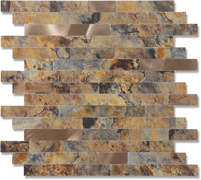 Yipscazo Peel and Stick Stone Metal Backsplash, Stick on Tiles for Backsplash Kitchen (Brown Stone Rock, 20-Pack)