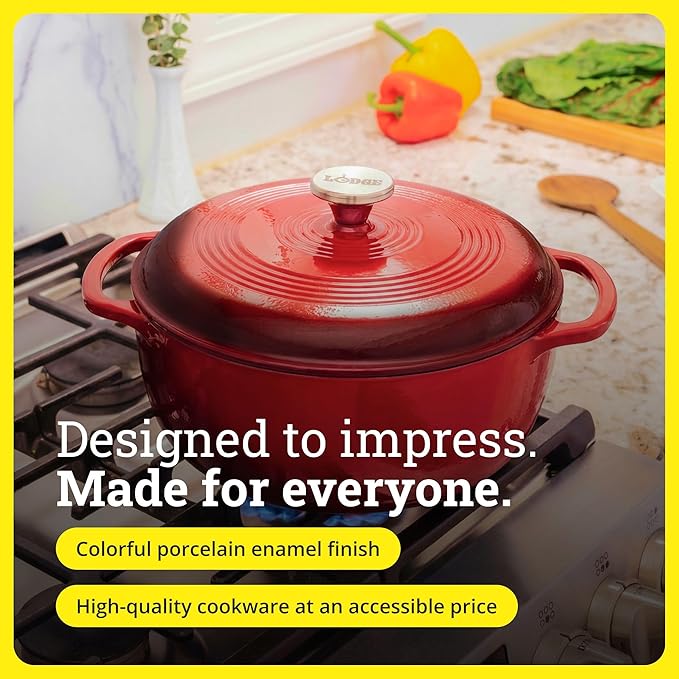 Lodge Essential Enamel Cast Iron Dutch Oven - Perfect for Bread Baking, Braising, Marinating & Slow Cooking - Features Moisture-Sealing Lid & Dual Handles - Kitchen Essentials - 6 Quarts - Island Spice Red
