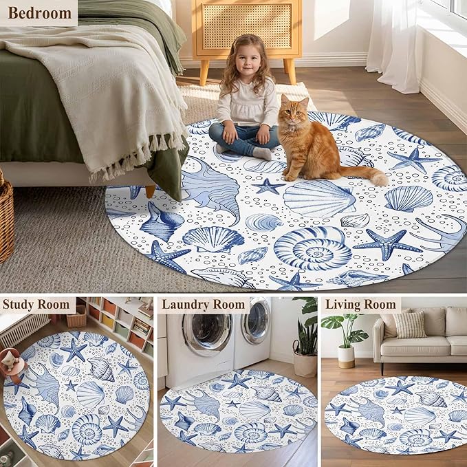 Washable Round Area Rug Navy Blue Starfish Conch Shell Seamless Circle Rugs Floor Carpet for Living Room Bedroom, Summer Ocean Bubbles Soft Non Slip Round Rug 5ft