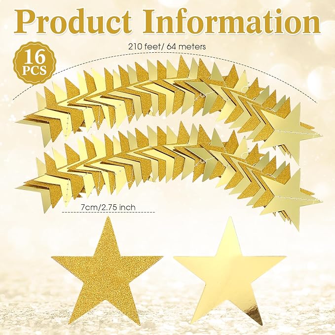 Patelai 210 Feet Glitter Star Garland Banner 2026 Party Decoration Double Side Star Hanging String Streamer Paper Twinkle for Graduation Wedding Birthday (Gold,Glitter Gold)
