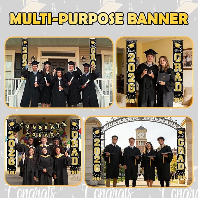 Graduation Decorations 2026 Set - Congrats Grad Banner, Class of 2026 Backdrop, Couplet, Honeycomb,Spiral, Photo Prop Frame Graduation Theme Masks Tablecloth Balloons Kit for Grad Party Decorations