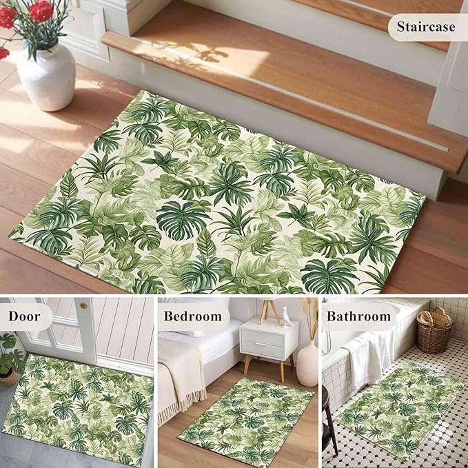 Area Rug 2x3ft, Green Palm Leaf Watercolor Washable Rugs for Living Room Bedroom, Summer Tropical Leaves Soft Non-Slip Area Rugs Rectangle Floor Carpet for Dining Room