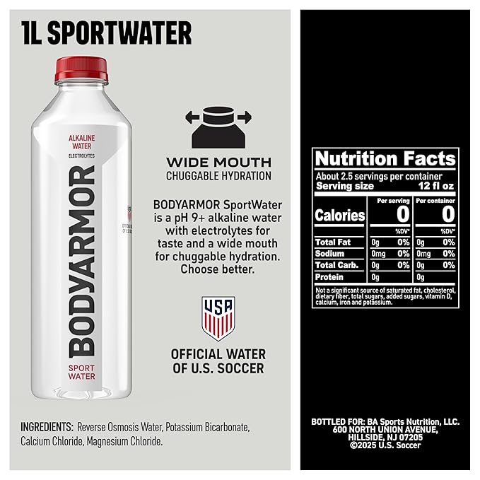 BODYARMOR SportWater Alkaline Water, High Alkaline Bottled Water, pH 9+, 1 Liter (12 Pack), Refreshing Electrolyte Water Pack, Wide Mouth Bottle