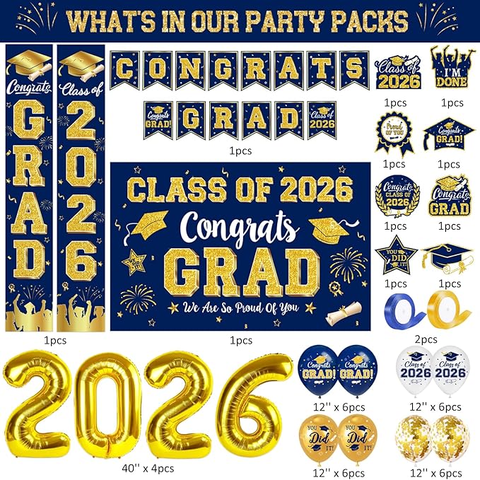 Graduation Navy Blue Gold Decorations Include Grad Backdrop, Banner, Hanging Swirls, Porch Sign, Balloons for Congrats Grad Party Decorations