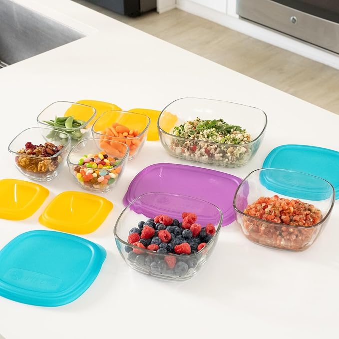 Libbey Serve It 14 Piece Glass Storage Container Set with 2 Cup, 6 Cup, and 8 Cup Bowls and Multi Color Lids
