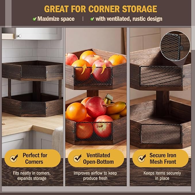 Vicenpal 2 Tier Corner Fruit Basket for Kitchen Countertop Wooden Farmhouse Fruit Bowl Vegetable Basket Produce Stand Storage Holder for Onion Potato, Vegetables, Spice Jars, Bread Storage