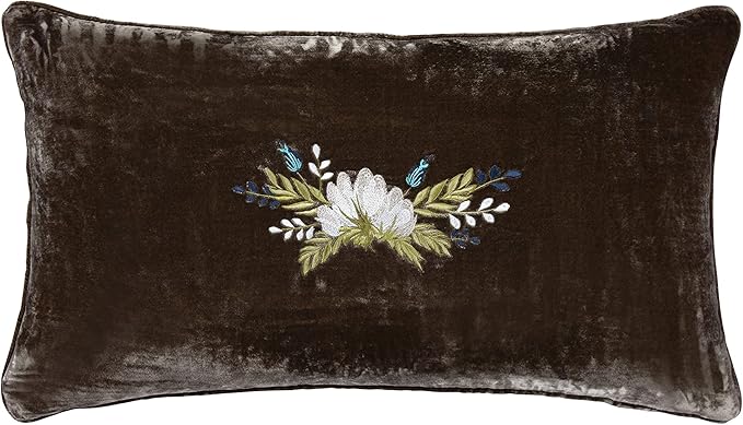HiEnd Accents Stella Faux Silk Velvet Western Floral Embroidered Lumbar Pillow, 14x24 inch, Green Ochre, Romantic Western Modern Traditional Style Luxury Bedding, Decorative Throw Pillow