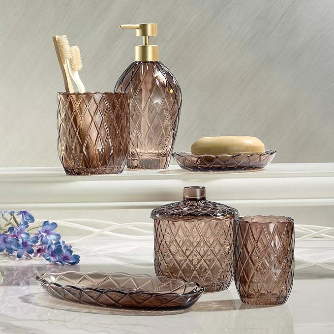 Nicole Miller – Tumbler, Embossed Glass with Scalloped Edge, Trellis Home Decor – Perfect for Holding Toothbrushes and Bathroom Essentials (Bijou Brown)