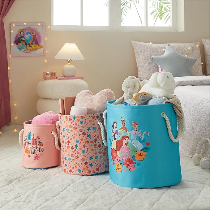 Disney Princess 3 Piece Fabric Storage Basket Set, Nestable Toy Storage Bins with Rope Handles, Kids Bedroom & Nursery Organizer
