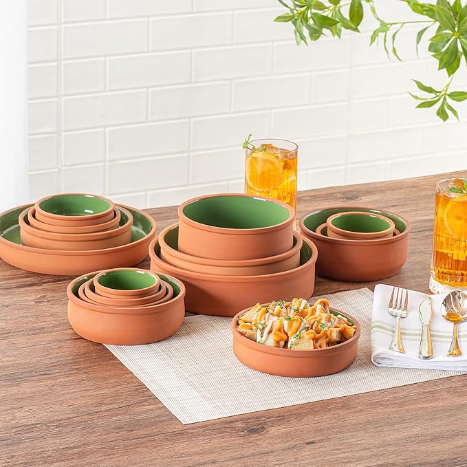 Restaurantware-Terra Tek 15.2 Ounce Terracotta Cazuelas, 2 Green Glazed Clay Pots For Cooking - Oven-Ready, Microwavable, Terracotta Serving Pots, Dishwashable, For Cooking And Serving