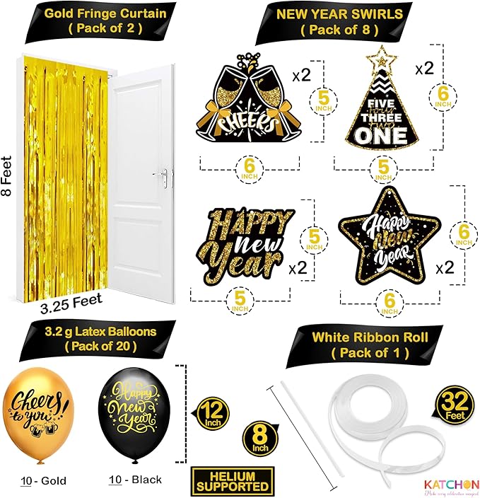 KatchOn, Huge New years Decorations 2026 Set - Pack of 35 | Gold Fringe, Black and Gold Happy New Year Banner, 2026 Balloon Numbers | New Year Foil Balloons, Swirls | New Years Eve Party Supplies 2026