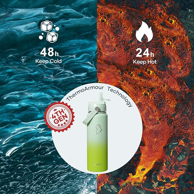 BUZIO 24 oz Insulated Water Bottle, Stainless Steel Wide Mouth Water Flask with Straw Lid, Cold for 48 Hrs Leak Proof Metal Hydro Thermo Canteen Mug, Gradient Green